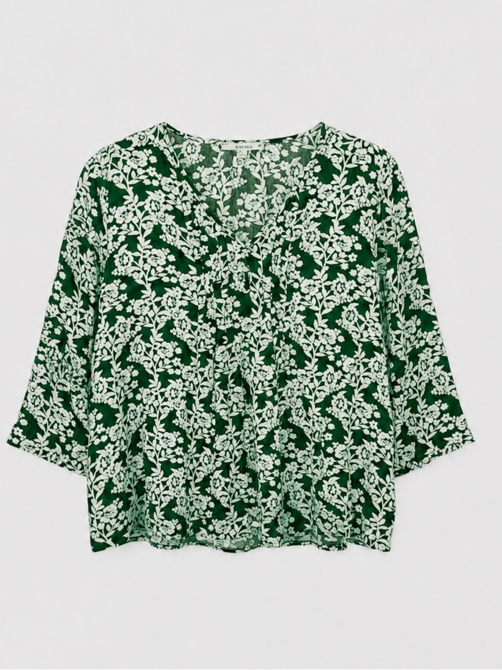Floral V-Neck Green & White Women's Top Three quarter sleeves Plus 2X